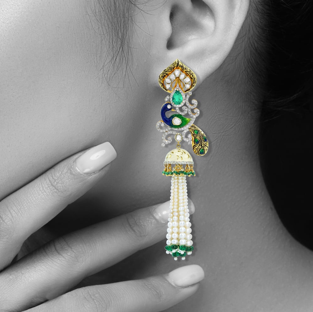 Pearl and Emerald Necklace Set with Polki and Peacock Motifs